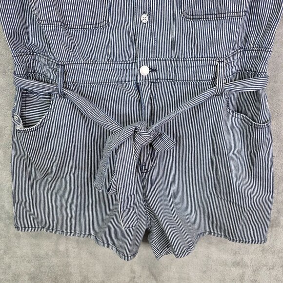 Womens Blue & White Striped Romper Button Up Belted Waist 100% Cotton Size 17 - Picture 4 of 12